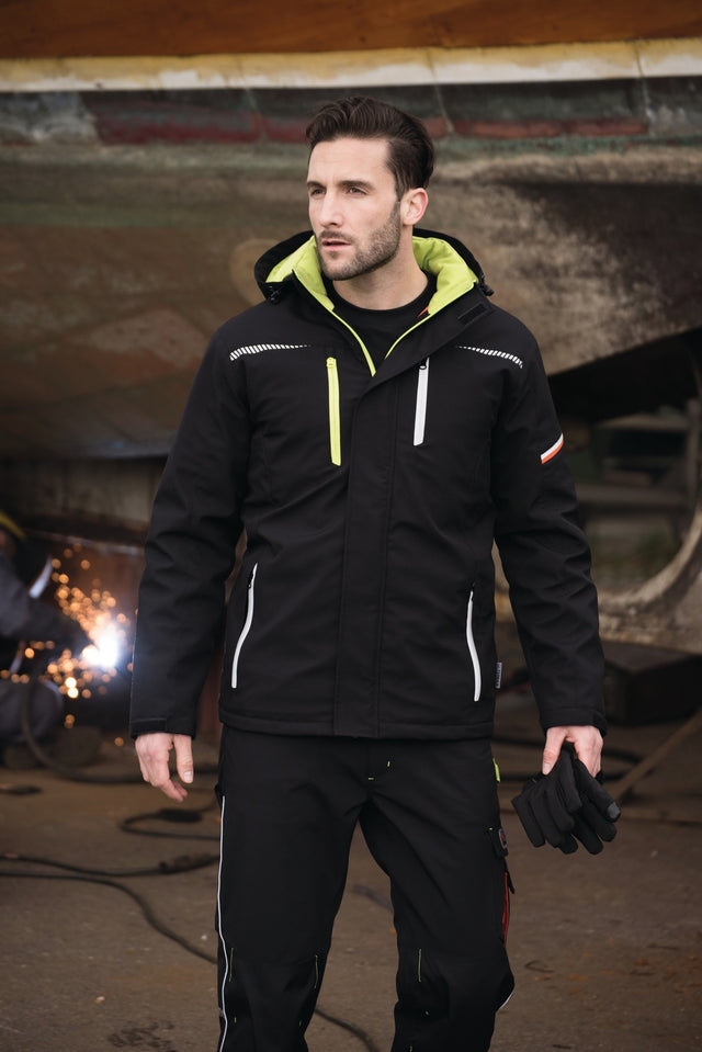 Terrax Softshell-Berufsparka Workwear schwarz/limette – wind- und wasserabweisend, Größe M