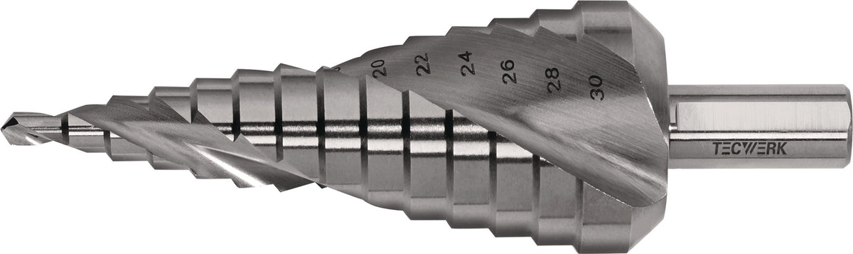 Stufenbohrer HSS spiralgenutet 4-12 mm, 9 Stufen, TECWERK – Präzisionsbohrer für Metall