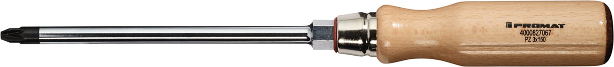 PROMAT Schraubendreher PZD 3 mit Holzgriff und 6-Kant Ansatz, 150 mm Klinge