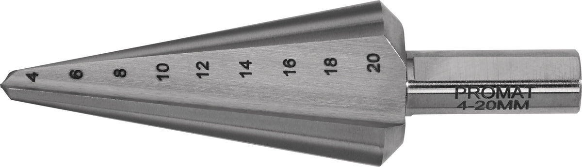 PROMAT Blechschälbohrer 4-20 mm HSS-Co mit 2 Schneiden, 20° Senkwinkel, Schaft-Ø 8 mm