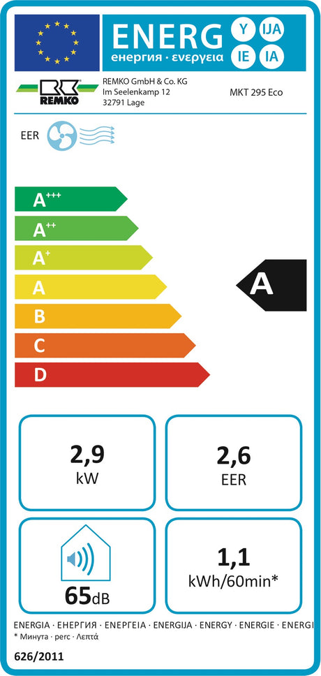 REMKO MKT 255 ECO Klimagerät 2,6 kW – 80 m³, 2,5 l/h, Energieeffizienz A, weiß