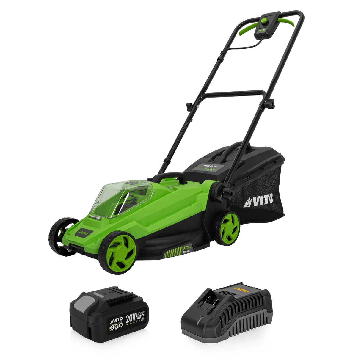 VITO 3-teiliges Akku-Set: 20V 32 cm Akku-Rasenmäher mit 4Ah Akku und Schnellladegerät - PACK9EGOGARDEN