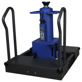 A blue and black Falco 15-ton rolling pit jack, a heavy-duty hydraulic lift with a base, handles, and wheels, shown from a slightly elevated angle.