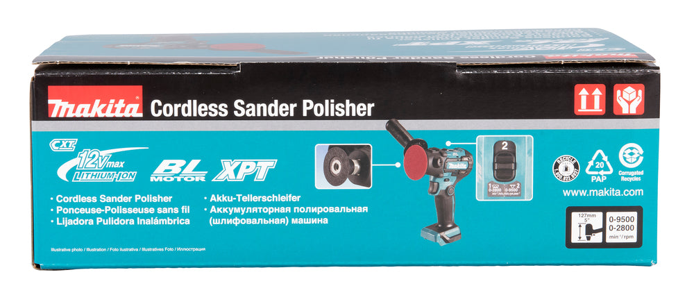 Makita Akku-Schleifer und -Polierer Ø 50/75 mm – bürstenlos, 2-Stufen-Drehzahl, XPT-Schutz - PV301DZ