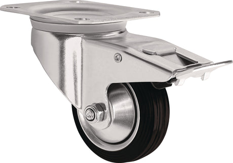 TECWERK Lenkrolle mit Totalfeststeller 80 mm Vollgummi, Tragfähigkeit 70 kg, Plattenbefestigung 105 x 80 mm