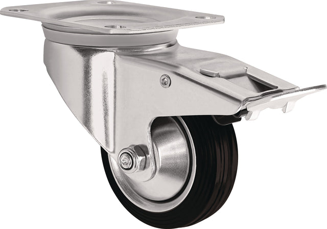 TECWERK Lenkrolle mit Totalfeststeller 80 mm Vollgummi, Tragfähigkeit 70 kg, Plattenbefestigung 105 x 80 mm