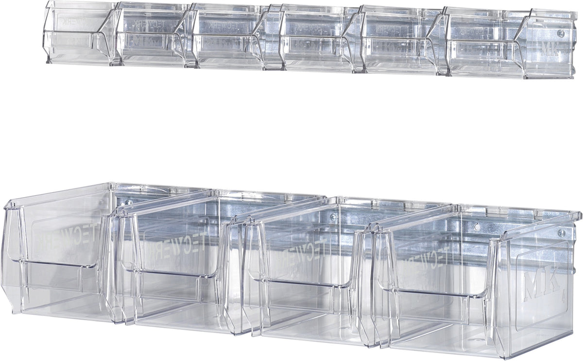 TECWERK Wandschiene 602 mm mit 4 Sichtlagerkästen MK4 transparent, verzinkter Stahl