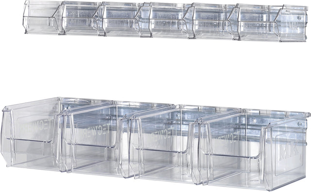 TECWERK Wandschiene 602 mm mit 4 Sichtlagerkästen MK4 transparent, verzinkter Stahl