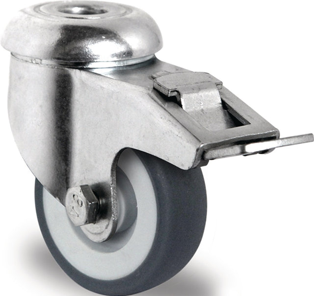 PROMAT Lenkrolle mit Totalfeststeller 50 mm, Tragfähigkeit 50 kg, Rückenloch 11 mm, Gleitlager, Gummi grau
