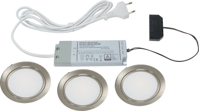 L&S Einbauleuchtenset Chip 58 Neutralweiß 12 V 4 W Edelstahloptik – 3er-Set mit Konverter