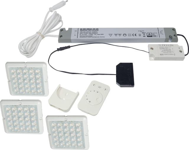 L&S Anbauleuchten-Set Matrix emotion warmweiß 12 V 2 W Rahmenfarbe Edelstahl – 3er Set mit Funksteuerung