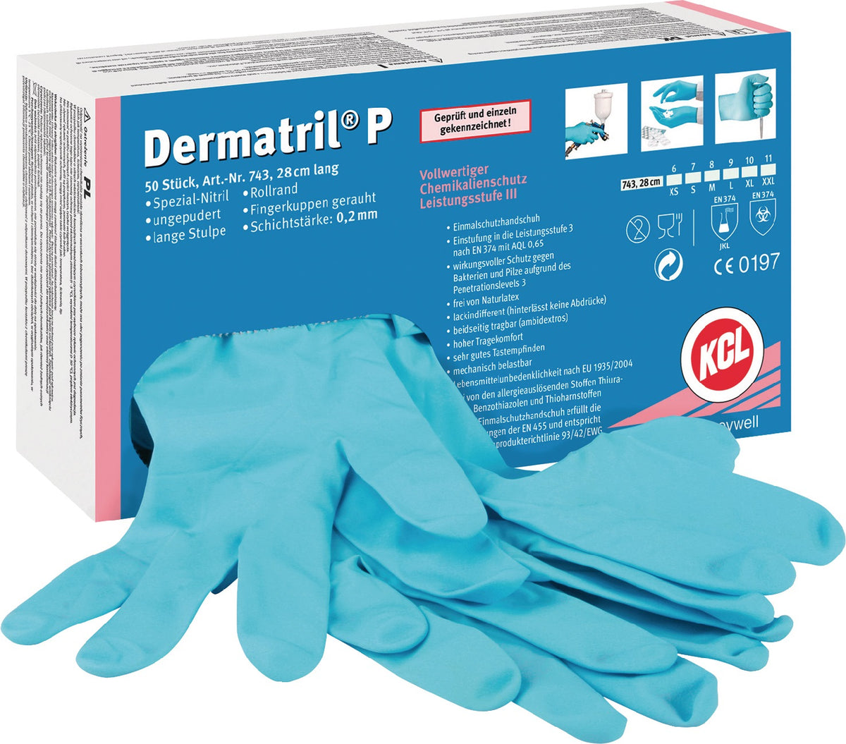 HONEYWELL Dermatril P 743 Einweghandschuhe Nitril Gr.8 blau – Chemikalienschutz EN 374