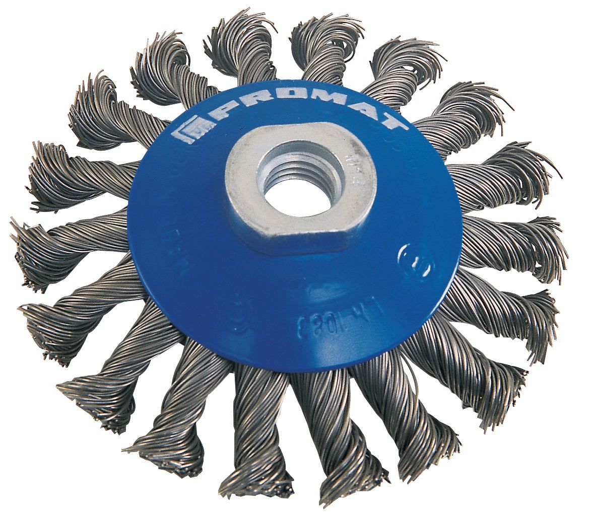 PROMAT Kegelbürste Ø115 mm, Drahtstärke 0,5 mm, Stahl, gezopft, M14, 12500 min-¹