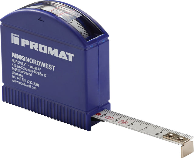 PROMAT Taschenrollbandmaß 3 m mit Sichtfenster & Lupeneffekt – mm/cm Teilung, EG II