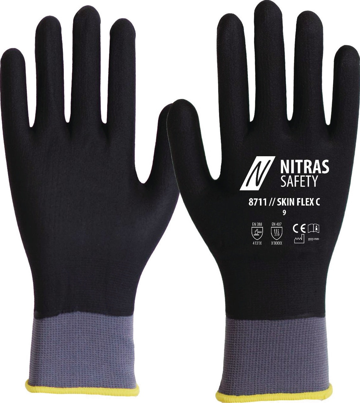 NITRAS SAFETY SKIN FLEX 3D Strickhandschuhe Gr. 8 grau/schwarz EN 388 EN 407 PSA II – 12 Paar