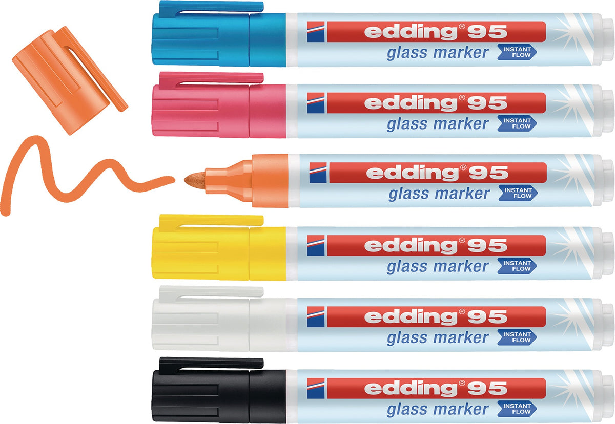 edding 95 Glasmarker 6er Set – schwarz, weiß, gelb, orange, pink, hellblau – Rundspitze 1,5–3 mm