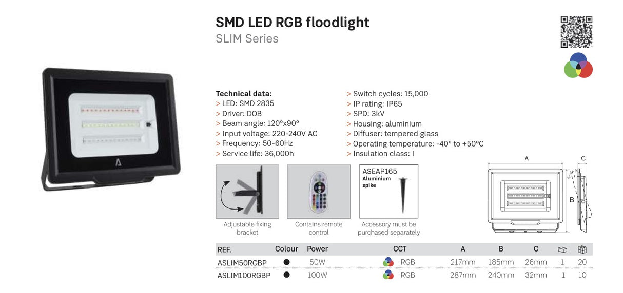 ASLO Slim LED Flutlicht RGB-Fluter 100W IP65 – Wetterfester LED Außenstrahler für Fassaden, Gärten & Events, Modell ASLIM100RGBP