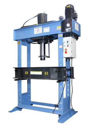 Heavy-duty hydraulic workshop press with electric motor and control panel – professional industrial press machine for garages and workshops available at Tools.de