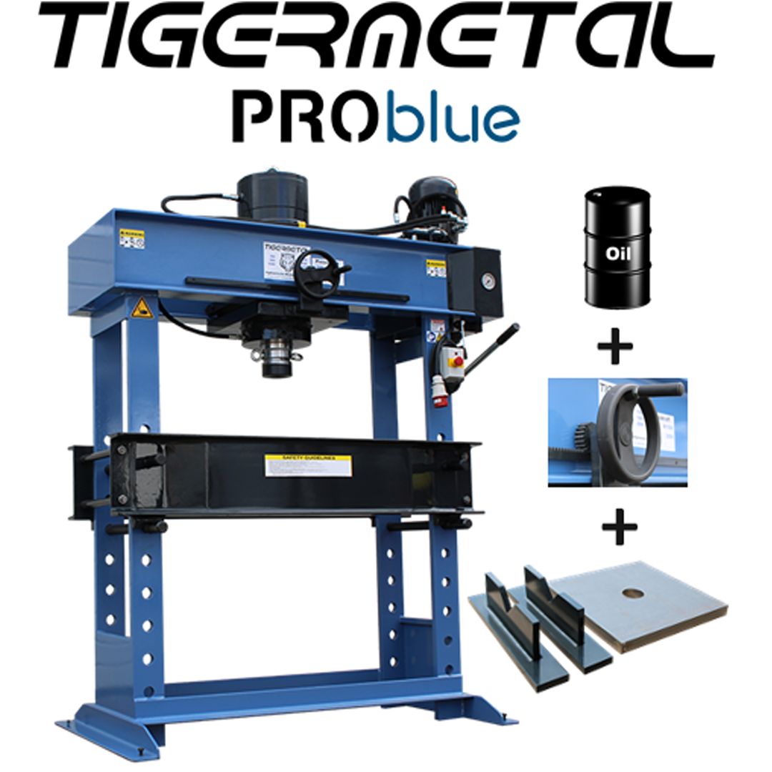Tigermetal PROblue Set Hydraulische Werkstattpresse 100 Tonnen TMWH100K mit Handrad, Hydrauliköl, Massive Auflageplatte, 1 Paar Prismenblöcke - TM00002
