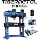 Tigermetal PROblue Set Hydraulische Werkstattpresse 100 Tonnen TMWH100K mit Handrad, Hydrauliköl, Massive Auflageplatte, 1 Paar Prismenblöcke - TM00002