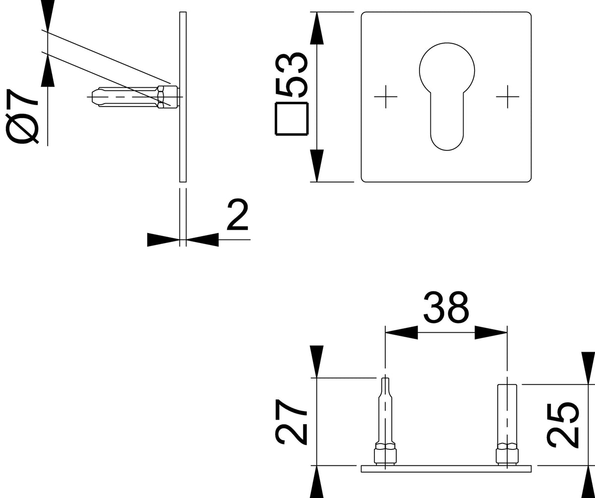 HOPPE Schlüsselrosetten-Paar E848NS Edelstahl quadratisch 53 mm für Innentüren