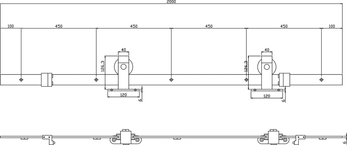 INTERSTEEL Schiebesystem 450100 Komplettset 100 kg 2000 mm schwarz für Holztüren 38-40 mm