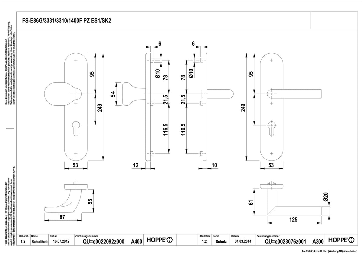 HOPPE FS-Garnitur Amsterdam FS-86G Edelstahl für Feuerschutztüren 42-47 mm