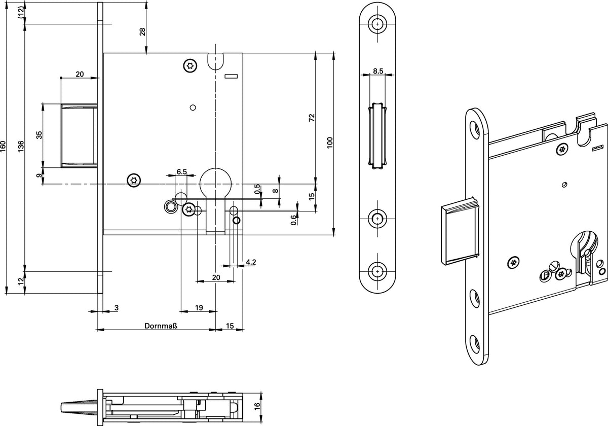 BKS Einsteckriegelschloss 1308 PZ20/55 mm Edelstahl – 1-tourig, allseitig geschlossen