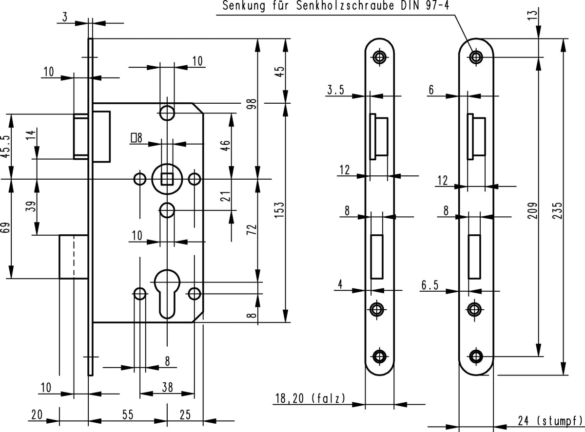 BKS Zimmertür-Einsteckschloss 0415 Klasse 2, PZW, DIN links, 55/72/8 mm, silber