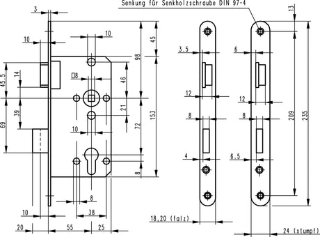 BKS Zimmertür-Einsteckschloss 0415 Klasse 2, PZW, DIN links, 55/72/8 mm, silber