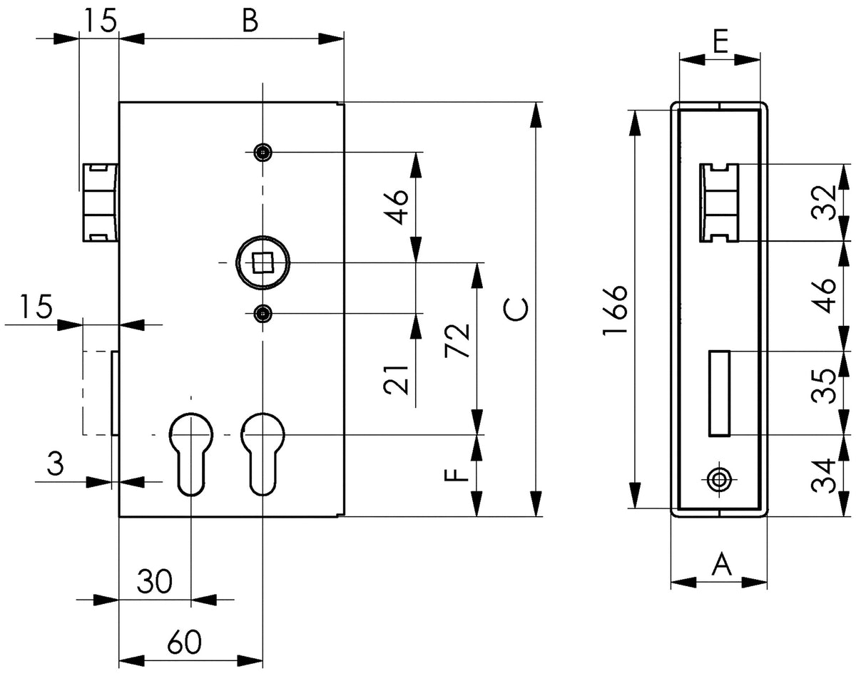 AMF Schlosskasten 140D-PZ DIN links/rechts, Dornmaß 30/60 mm, Maß A40xB94,5xC173 mm