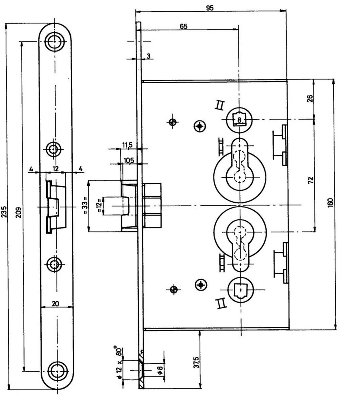 BEVER Spezialeinsteckschloss für Metalltüren PZ 20/65/72/8 mm DIN L/R verzinkt abgerundet