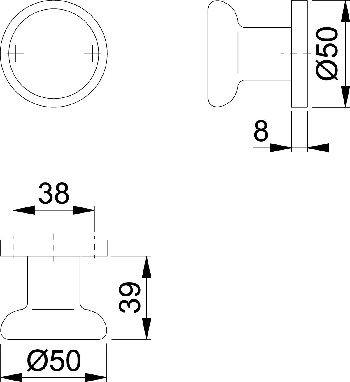 HOPPE Türknopf 54/11 Aluminium F1 gerade, feststehend auf Rosette, DIN links/rechts