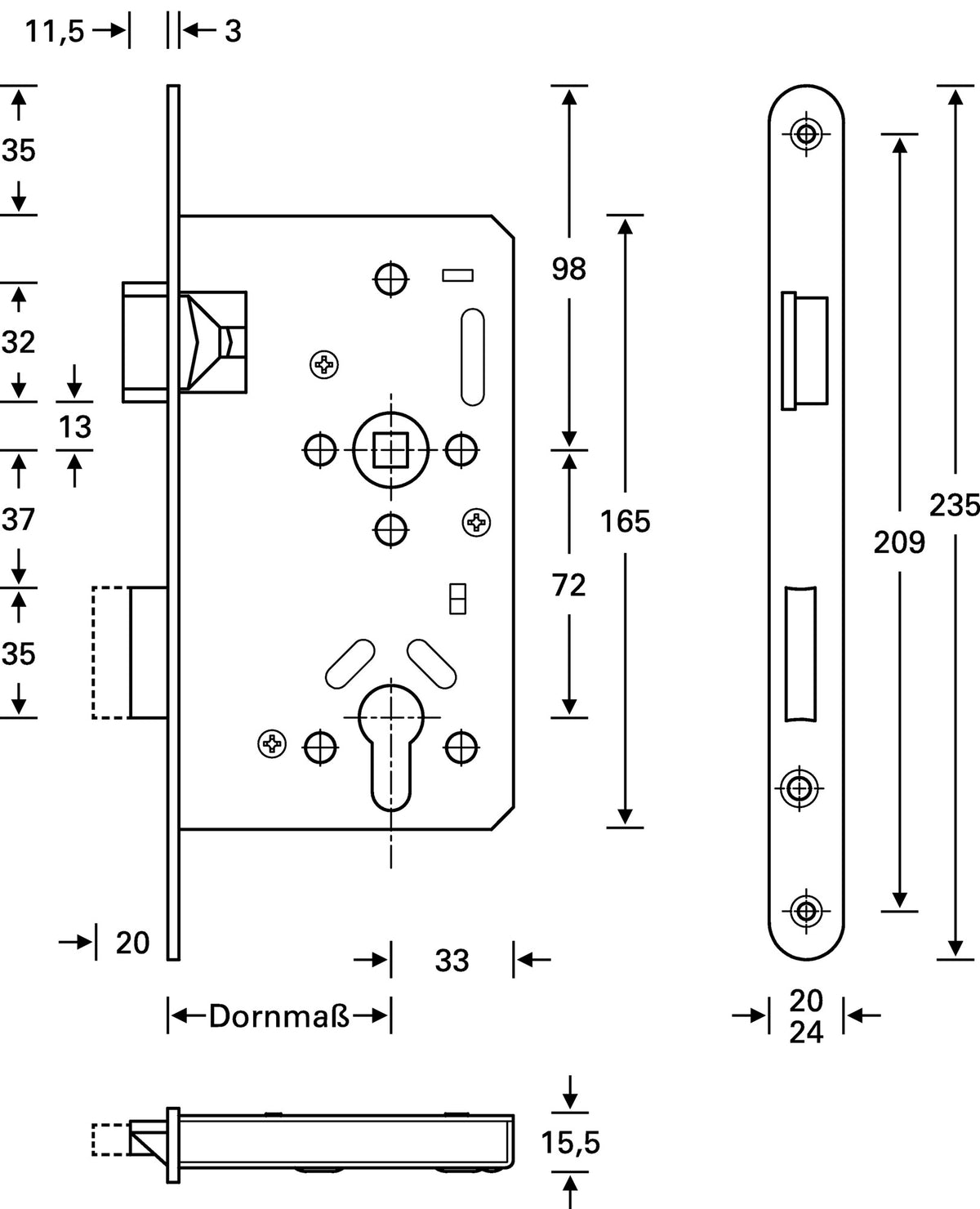 SSF Panik-Einsteckschloss Serie 20 APE Funktion E – DIN rechts, Edelstahl, für Holz- und Stahltüren