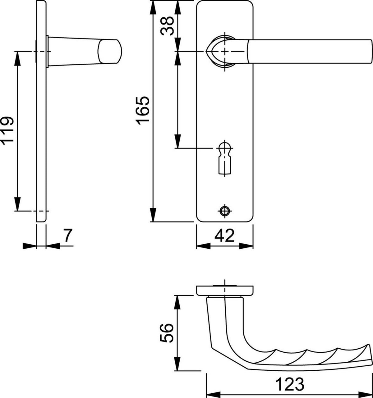 HOPPE Kurzschildgarnitur Birmingham 1117/202KP/AP – Aluminium F1, eckig, DIN links/rechts