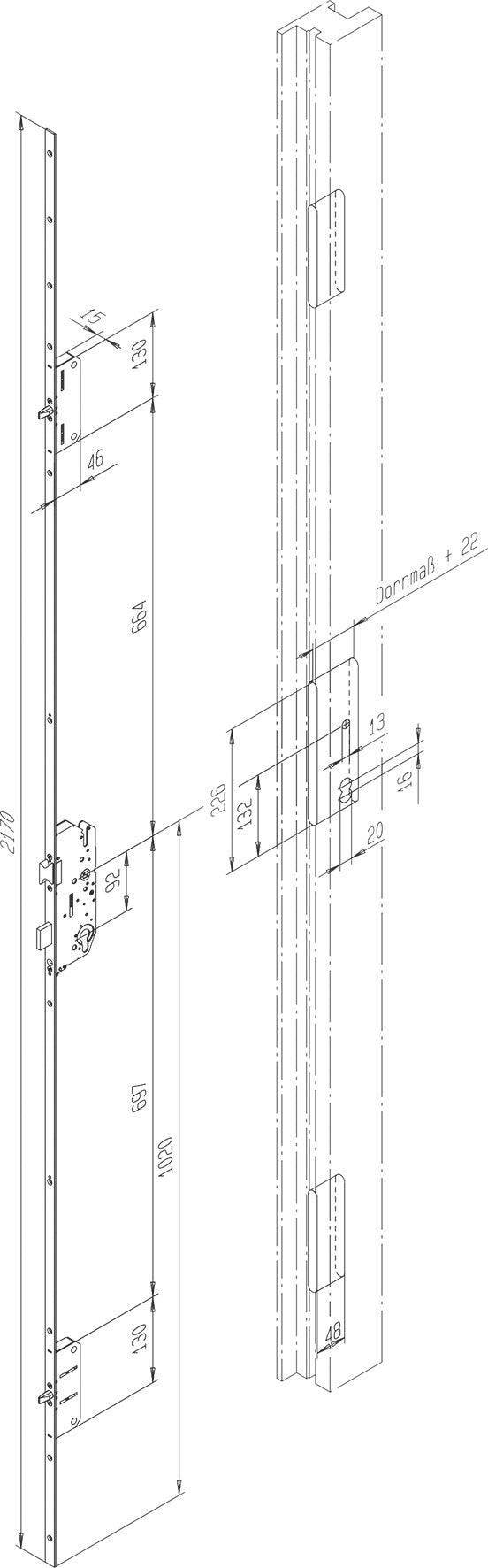 FUHR multisafe 855GL Mehrfachverriegelung PZW 3-fach Bolzenriegel Flachstulp 2170 mm