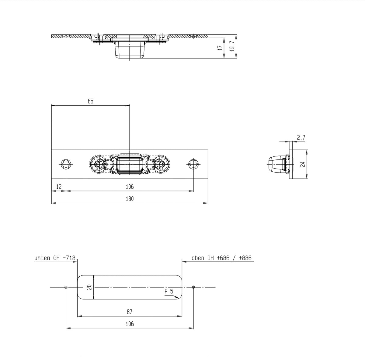 FUHR Schließteil Bolzenriegel U-Stulp 24x5 mm Edelstahl für Aluminiumfenster und -türen