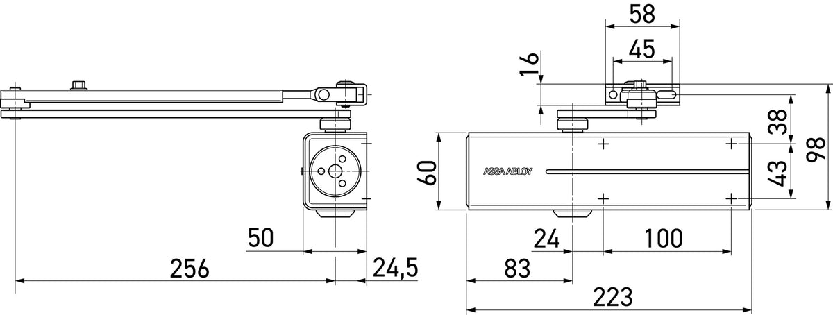 ASSA ABLOY Scherentürschließer DC 300 silber EN 3-6 – stufenlos einstellbar, für Feuer- und Rauchschutztüren