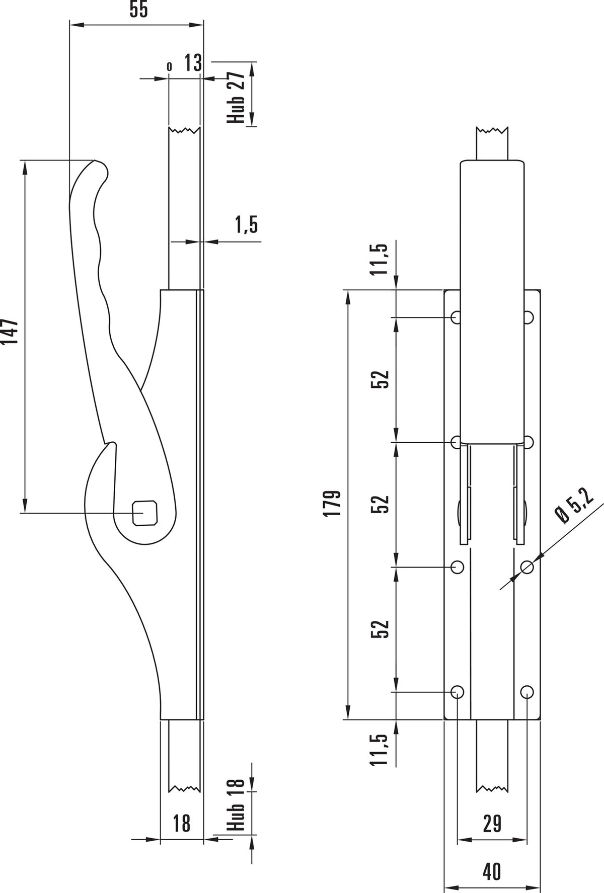 DENI Tortreibriegel PLANO 10 mm mit 2 Schlaufen, hell verzinkt, für Vierkantstangen