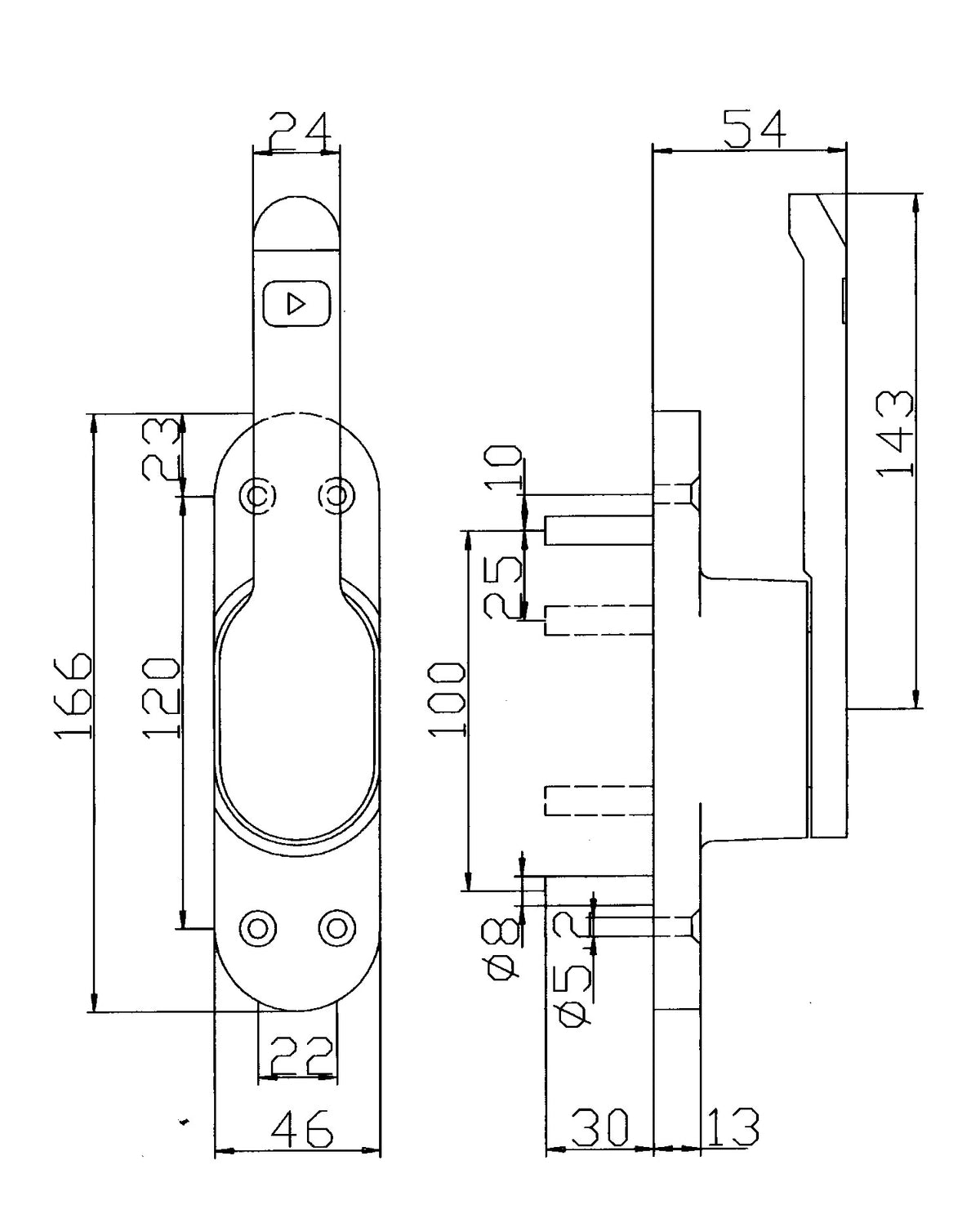 DENI Türtreibriegel VARIO DIN L/R silber eloxiert, Leichtmetall, für Rundstange 10 mm, Bolzen 30 mm