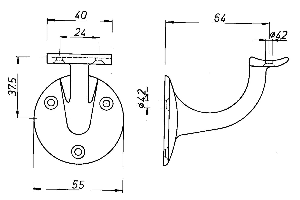 Handlaufträger Alu silberfarbig eloxiert von DENI – gewölbte Auflage, Wandplatte 53 mm, Wandabstand 64 mm