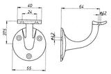 Handlaufträger Alu silberfarbig eloxiert von DENI – gewölbte Auflage, Wandplatte 53 mm, Wandabstand 64 mm