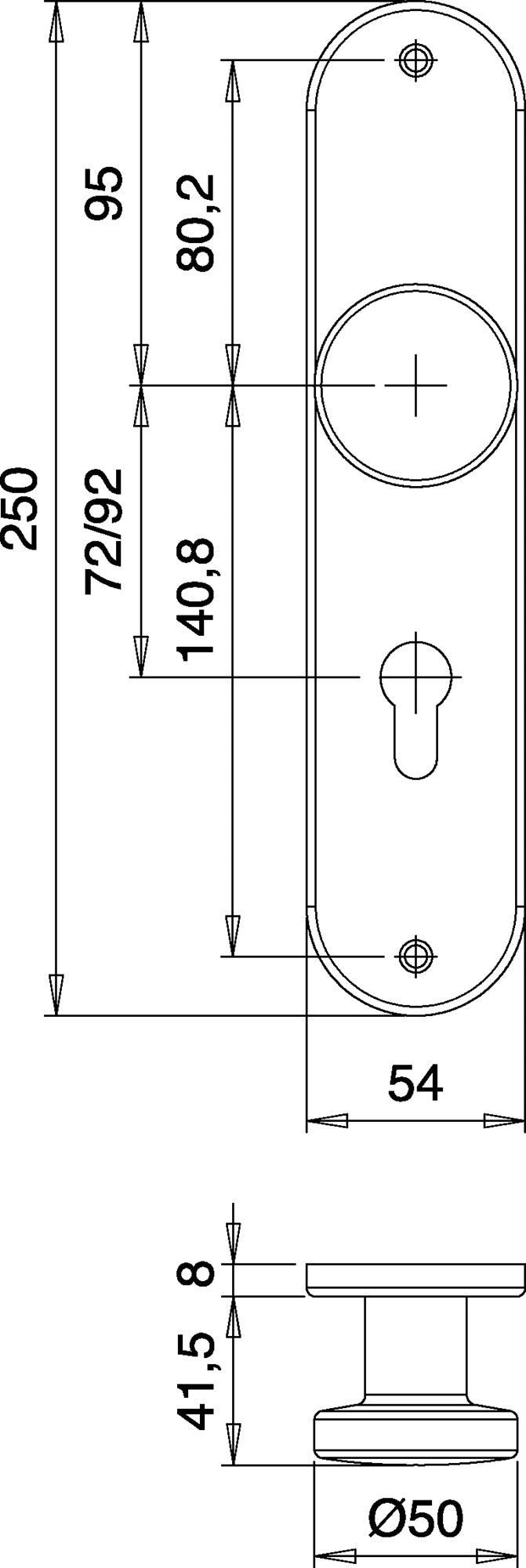 EDI Knopf-Renovierschild 306 Z VA EST 72 mm PZ – Edelstahl matt, 250 mm, sichtbare Verschraubung