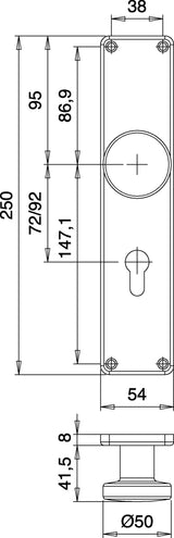 EDI Knopf-Renovierschild 344 Z Edelstahl matt, 72 mm PZ, Knopf gerade, 250 x 54 mm