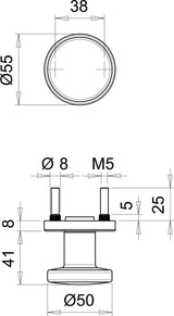 EDI Türknopf K7/052/02 Edelstahl matt – gerader Knopf auf runder Rosette, Ø 55 mm