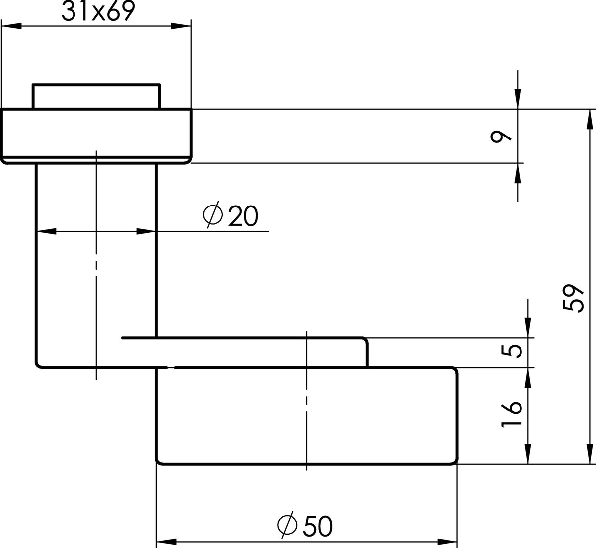 OGRO Profiltürknopf 3020A/6620 ER – Edelstahl, links zeigend, feststehend, 50 mm