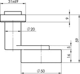 OGRO Profiltürknopf 3020A/6620 ER – Edelstahl, links zeigend, feststehend, 50 mm