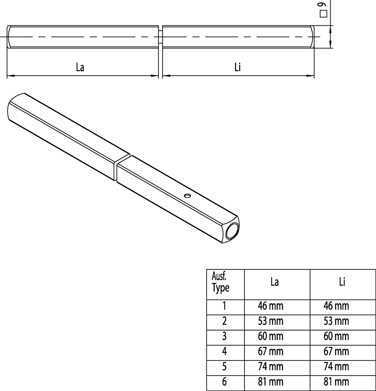 OGRO Panik-Stift 120 FS SECURE Vierkant 9 mm geteilter Vollstift für Fluchttüren