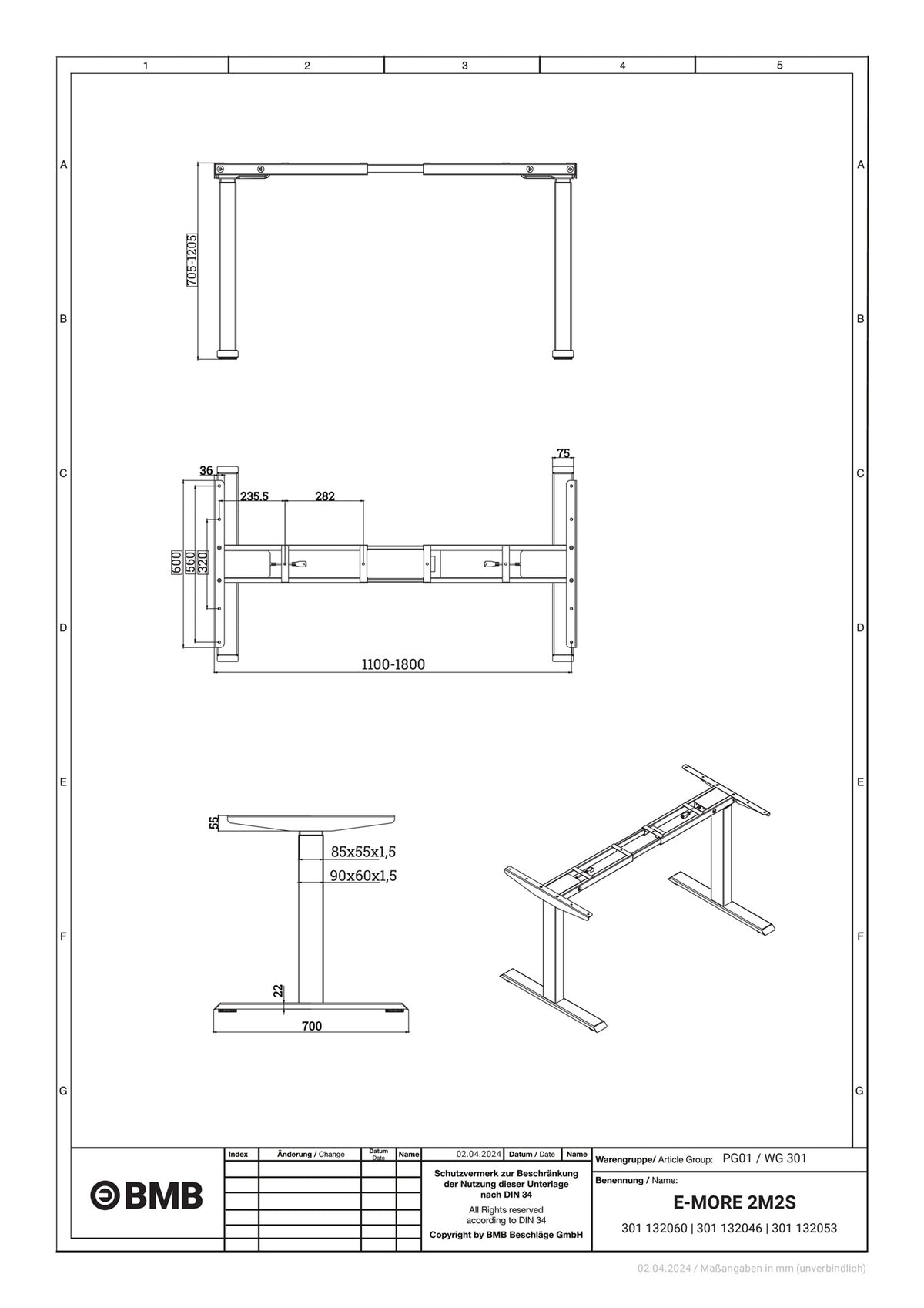 BMB Steh-Sitz Tischgestell E-MORE 2M2S – Elektrisch höhenverstellbar von 700 bis 1200 mm, silber RAL 9006