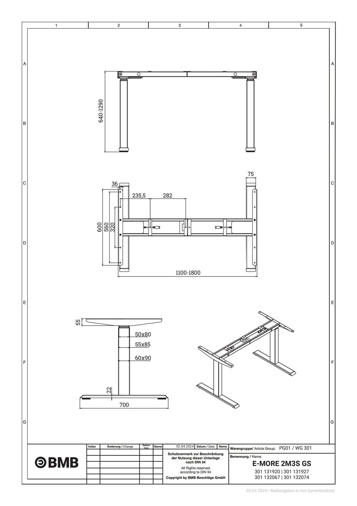 BMB Steh-Sitz Tischgestell E-MORE 2M2S – Elektrisch höhenverstellbar von 700 bis 1200 mm, silber RAL 9006